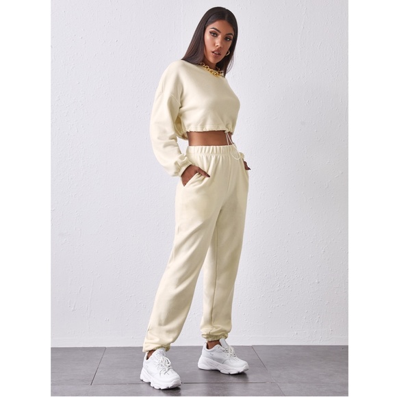2 Piece Set Beige Crop Sweatshirt and Jogger Pants - Picture 4 of 6